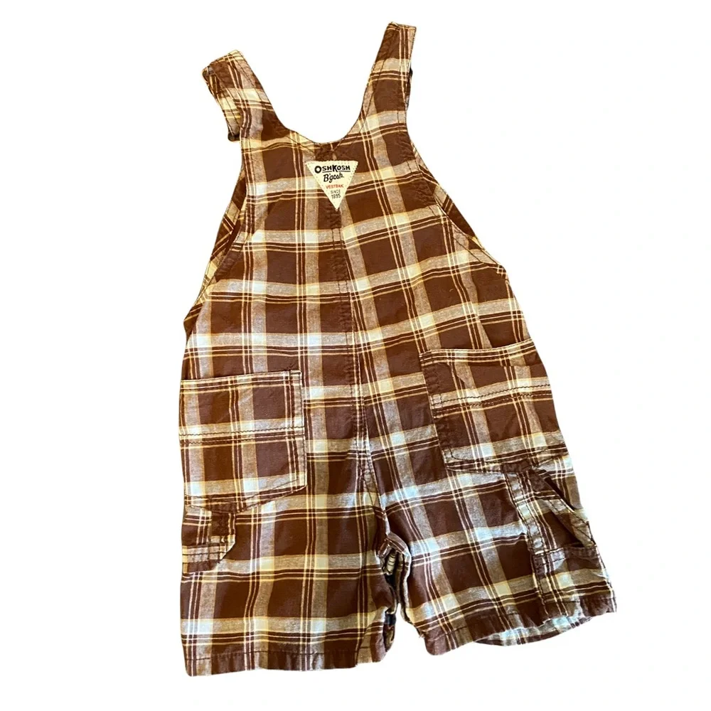 OshKosh B’Gosh Baby Plaid Shorts Bib Overalls Romper Size 12 Months Brown/White